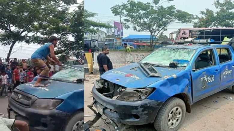 মহাসড়কে জয় বাংলা স্লোগান দিয়ে পুলিশের গাড়ি ভাঙচুর